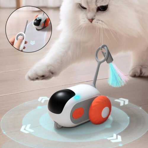 A toy in the shape of a car that can be controlled remotely, designed to engage cats in interactive play by moving around and encouraging them to chase.