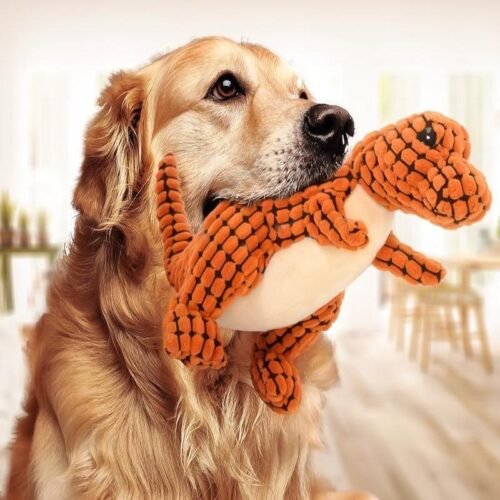 A pet toy shaped like a dinosaur, designed to appeal to pets with its fun and unique design.