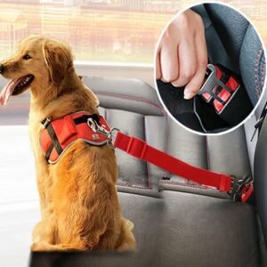 A seat belt specifically designed for pets that can be adjusted to fit various sizes of animals, providing a secure fit during car rides.