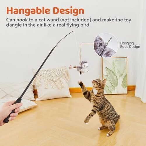 A toy designed for cats that features a bird with flapping wings, mimicking real bird movements to attract a cat’s attention.