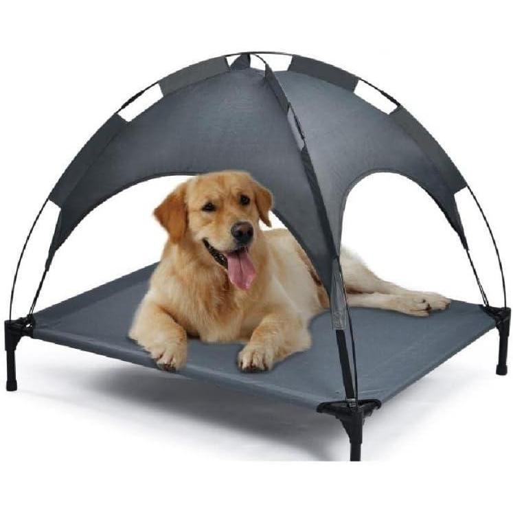 Outdoor Pet Dog Bed – Portable Grey Bed with Awning