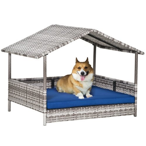 Rattan Dog House – Outdoor Dog Bed with Canopy and Waterproof Mat
