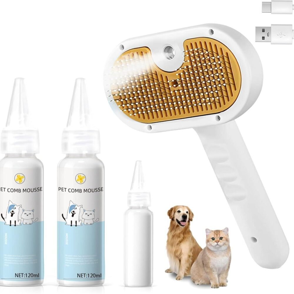 Universal Pet Steam Brush 3-in-1 – Spray Hair Removal Comb with Waterless Shampoo & Ear Towel for Cats & Dogs