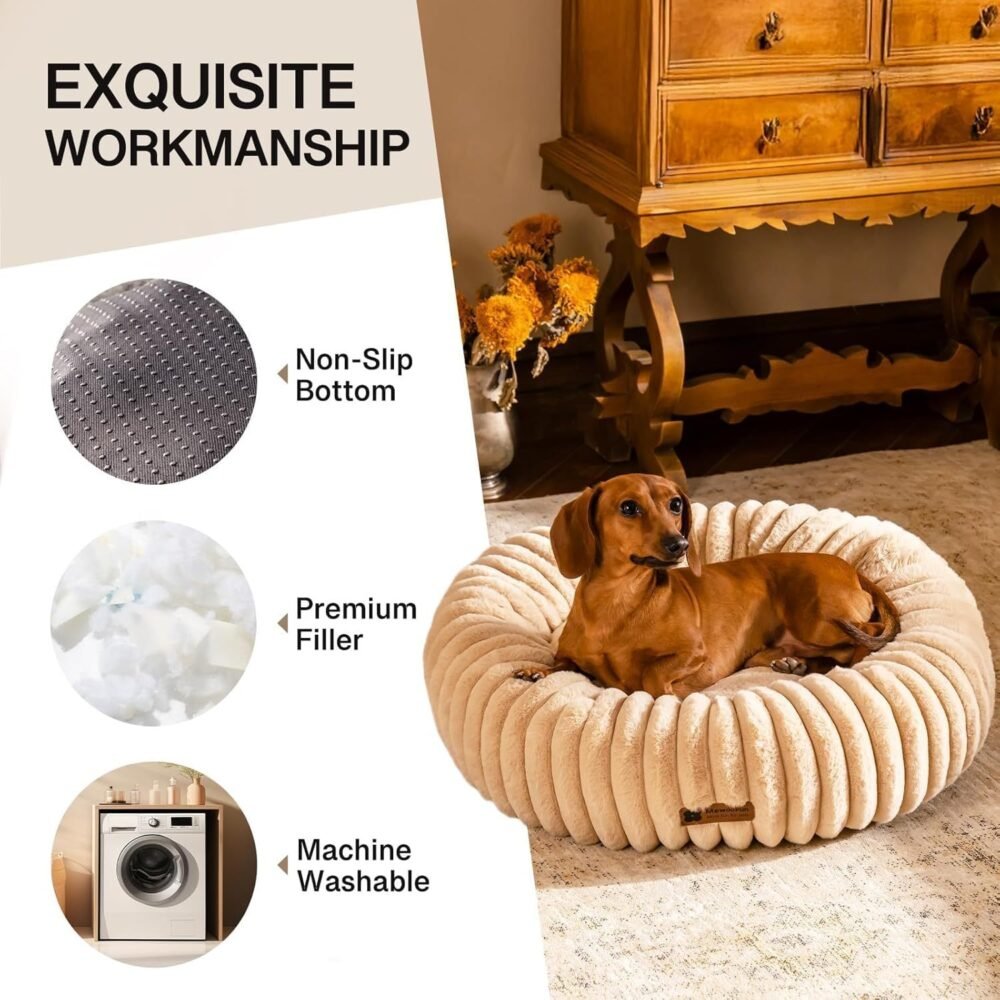 MEWOOFUN Donut Pet Bed – Washable Round Pet Bed for Indoor Cats & Kittens, Light Brown - Image 4