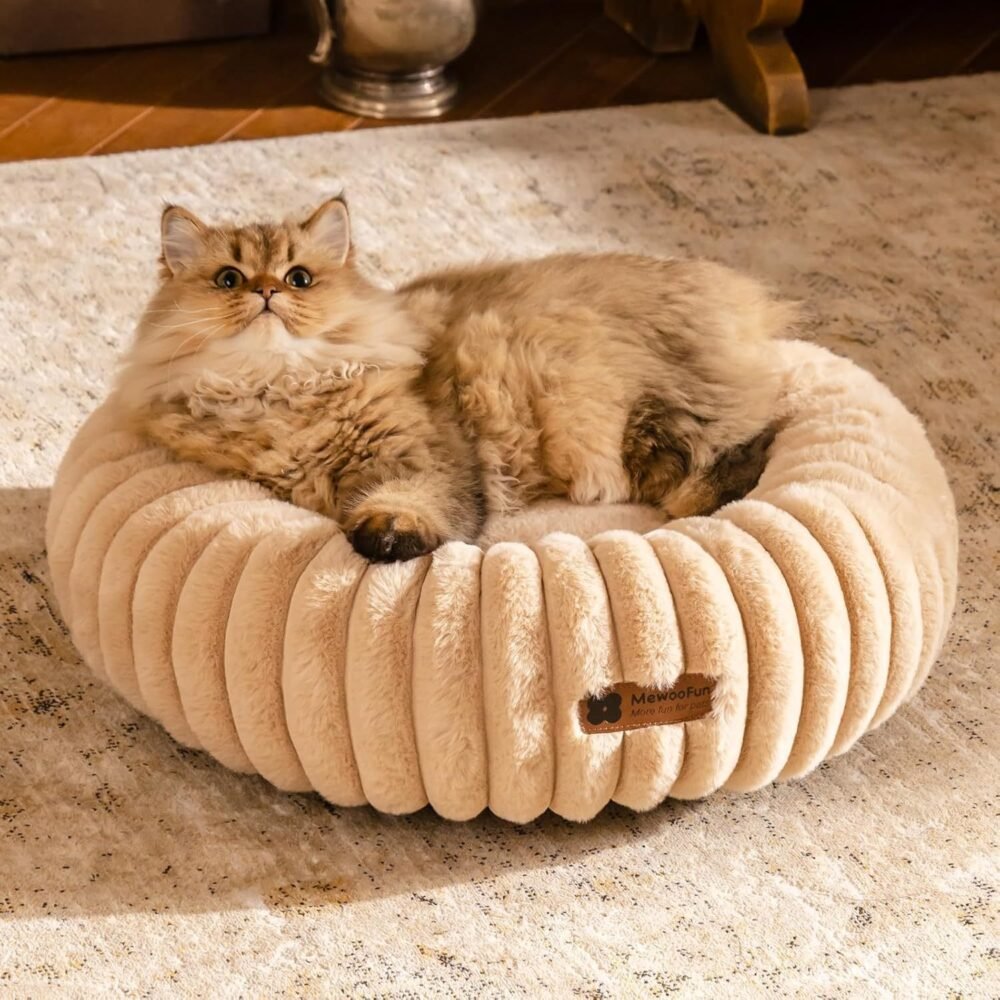 MEWOOFUN Donut Pet Bed – Washable Round Pet Bed for Indoor Cats & Kittens, Light Brown